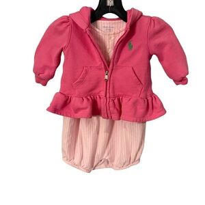 Ralph Lauren Baby Girt 2 PCS Set Pink & White Romper & Hoodie Sz 3M EUC